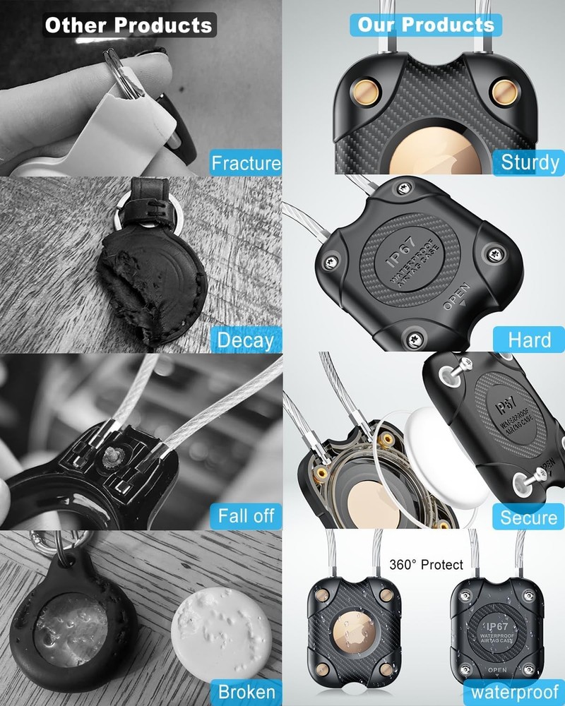 4 Pack Airtag Holder with Wire Cable, Secure Lock 4 Pack, Black