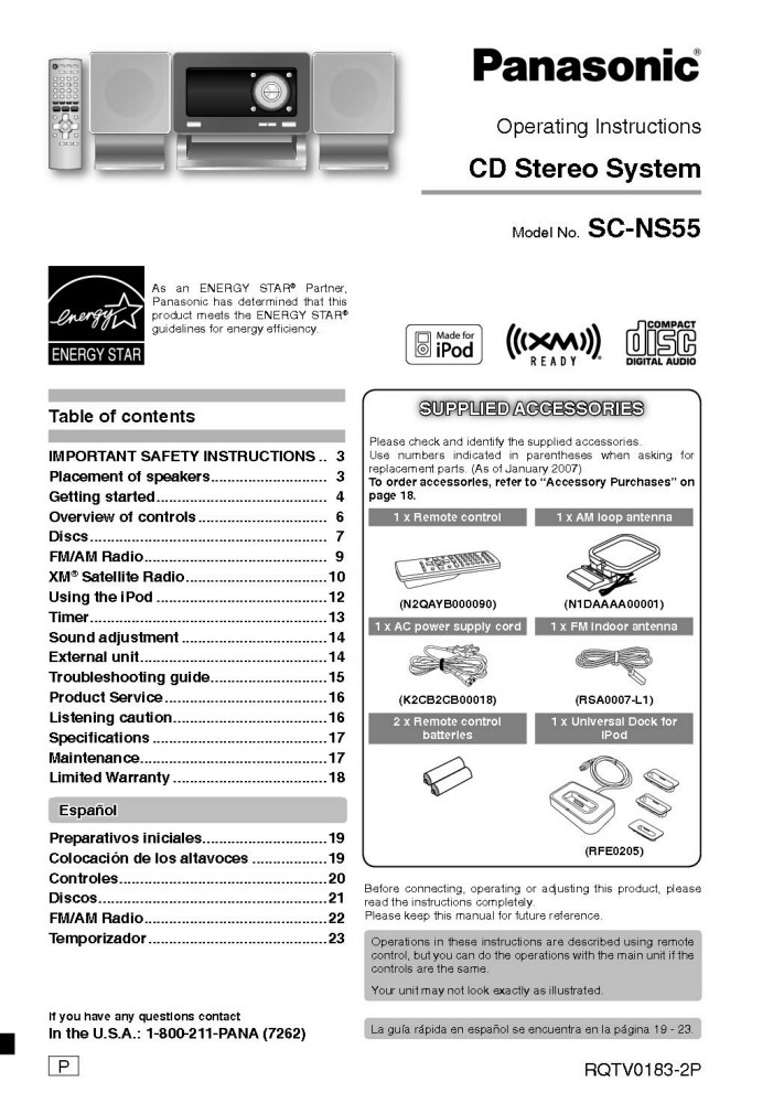 Panasonic SA-NS55 CD Stereo System Owners Instruction Manual