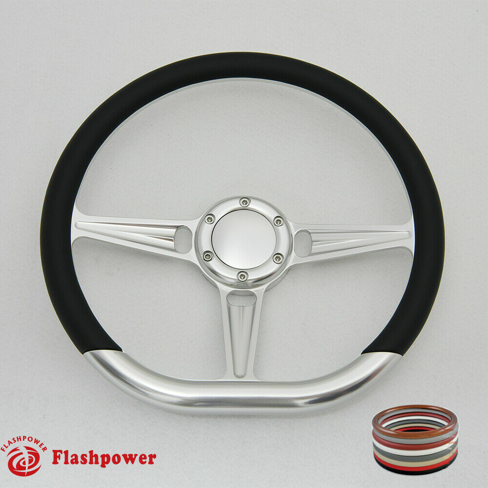 14" D Type Billet Steering Wheel Black Half Wrap Muscle Car GMC W/Horn Button