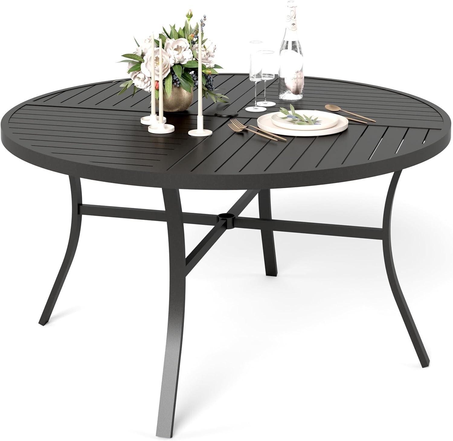 54" Outdoor Dining Table Metal Steel Slat Round Patio Table with Umbrella Hole
