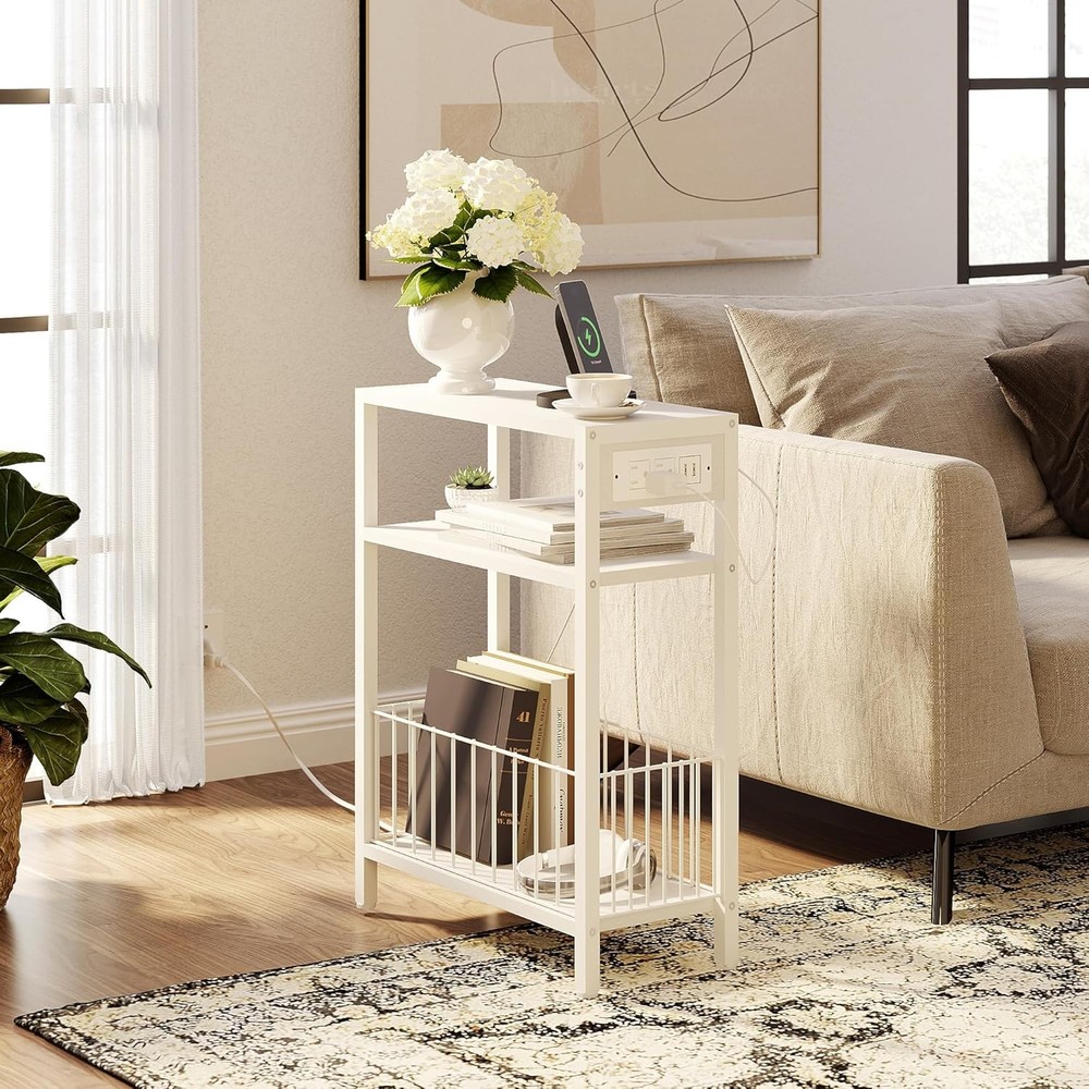 Narrow Side Table W/ Charging Station Small End Table Small Spaces Slim