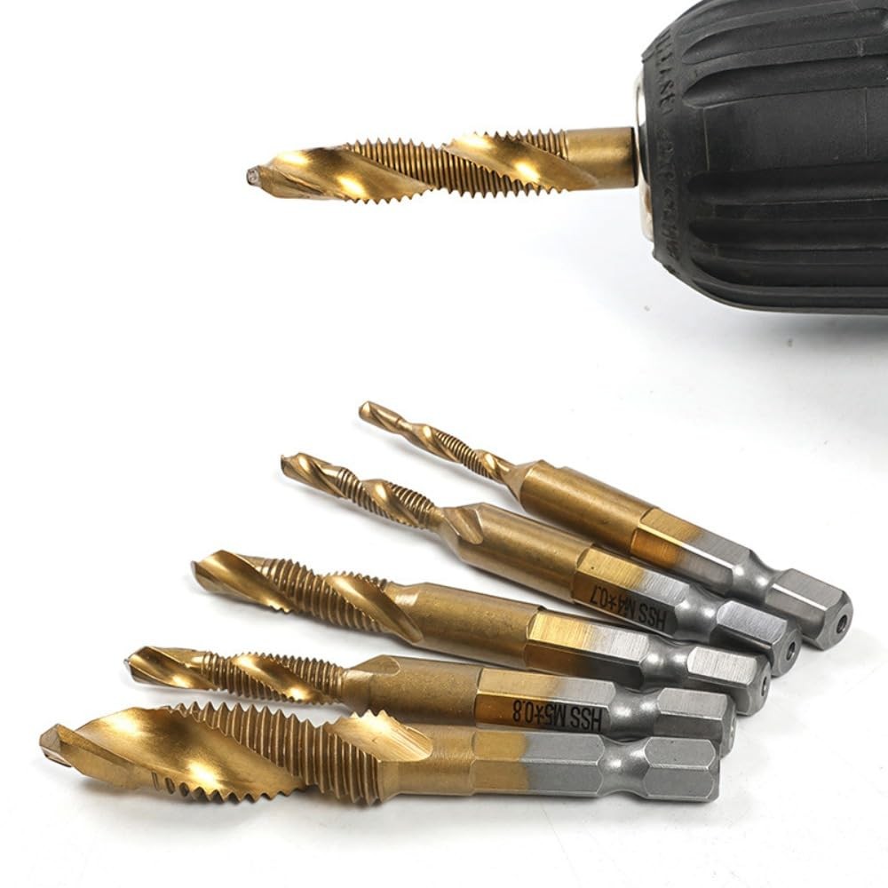 6 PCS Combination Drill and Tap Set, Professional HSS Titanium Thread Tap Drill