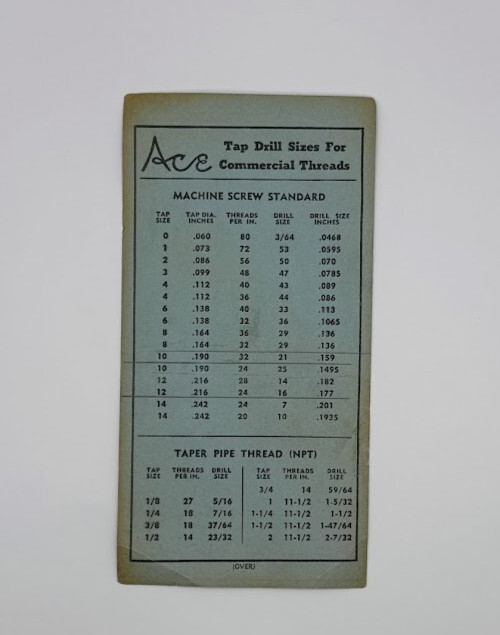 Ace Tap drill size reference chart Henry L Hanson Worcester MA tool die pipe