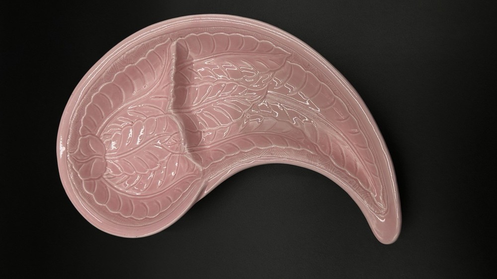 Vintage Glazed Ceramic Pink Leaf 2 Section Serving Tray 14"