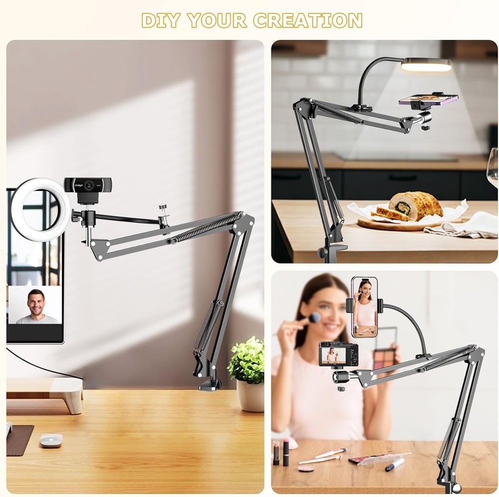 Overhead Camera Mount with 6-Inch Ring Light for iPhone Logitech Webcam