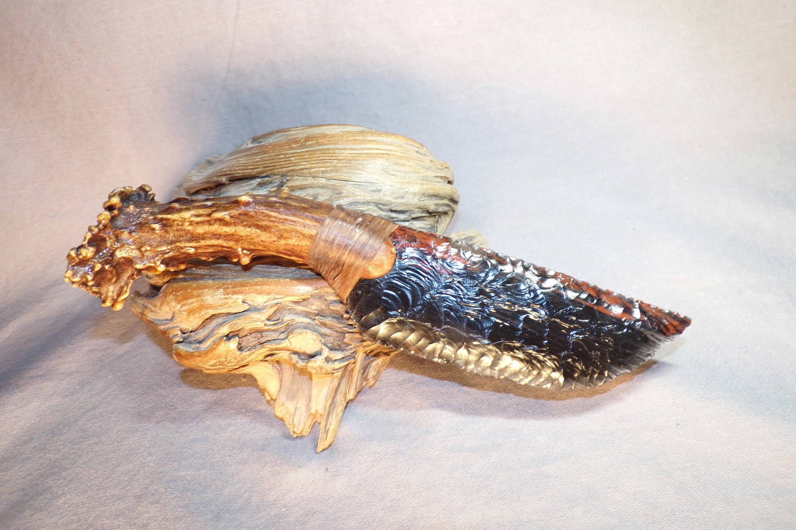 Small Triple Flow Obsidian Cody Knife Flint Knapping Black Powder Antler Handle