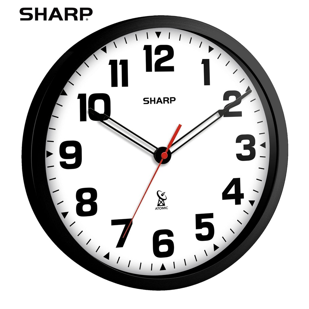 Sharp Atomic Analog Wall Clock - 12" Black Stylish Frame - Sets Automatically- B