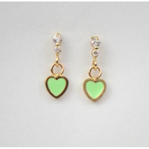14K Solid Yellow Gold Enamel Heart Shape Dangle Stud Earring