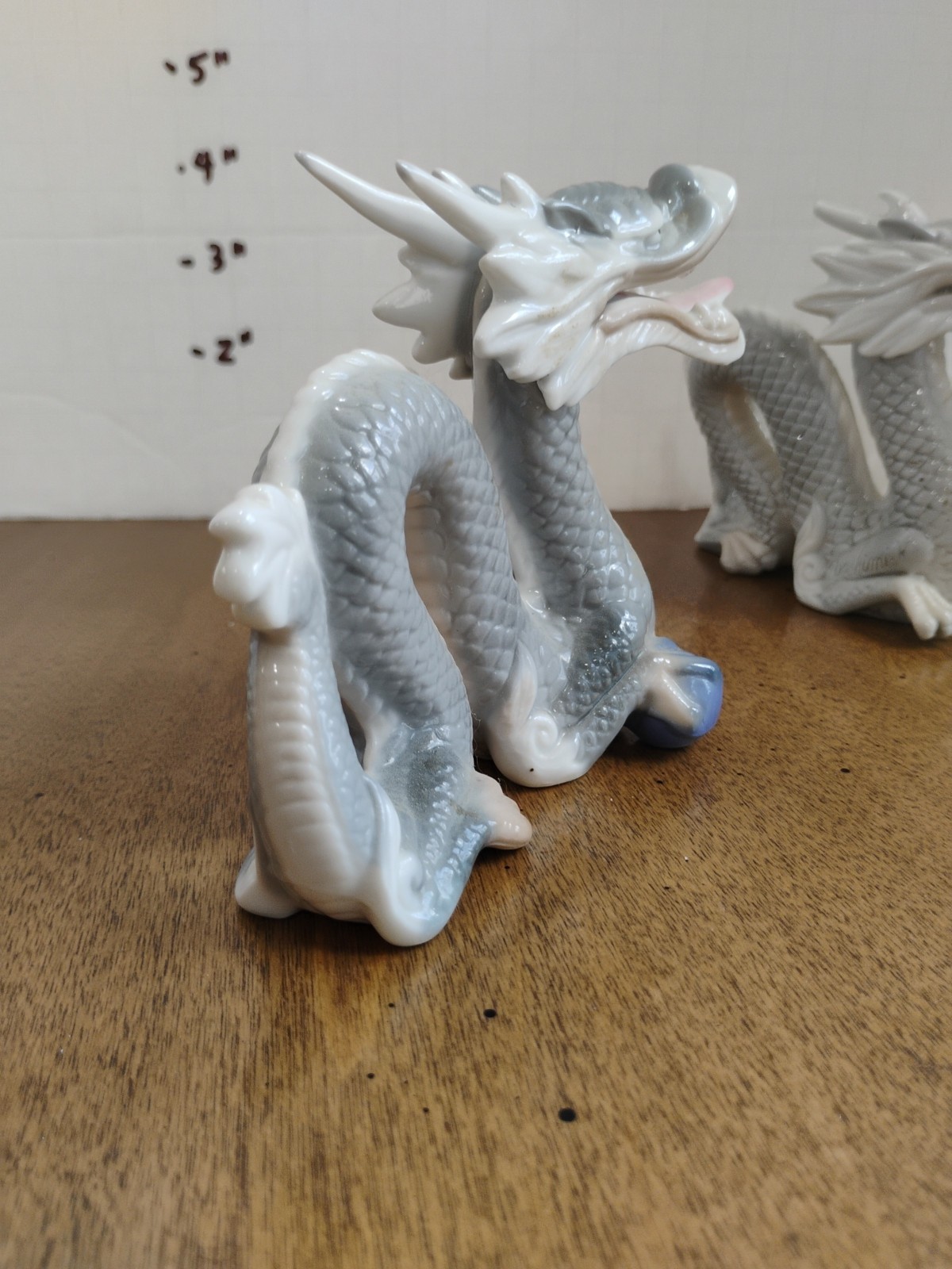 Vintage Yoshimi K Porcelain Foo Dragon Figurine Gray White Sphere Japan