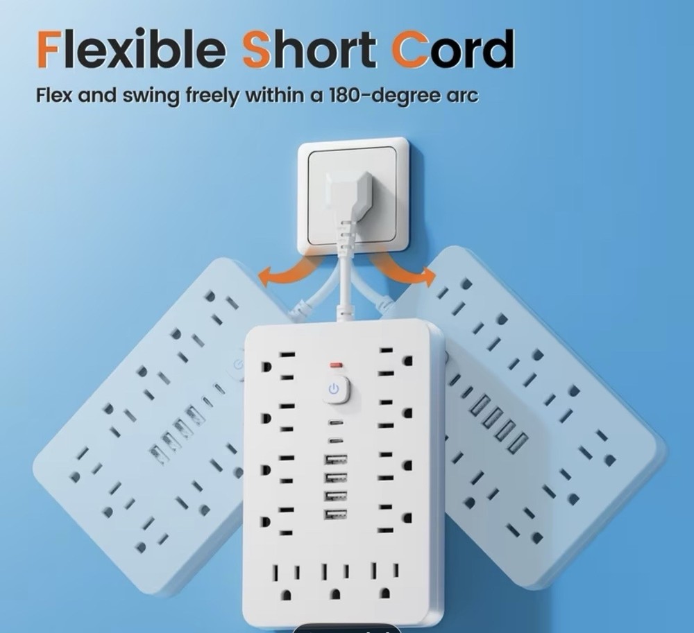 10Ft Extension Cord with Multiple Outlets, Flat Plug Surge Protector Power Strip