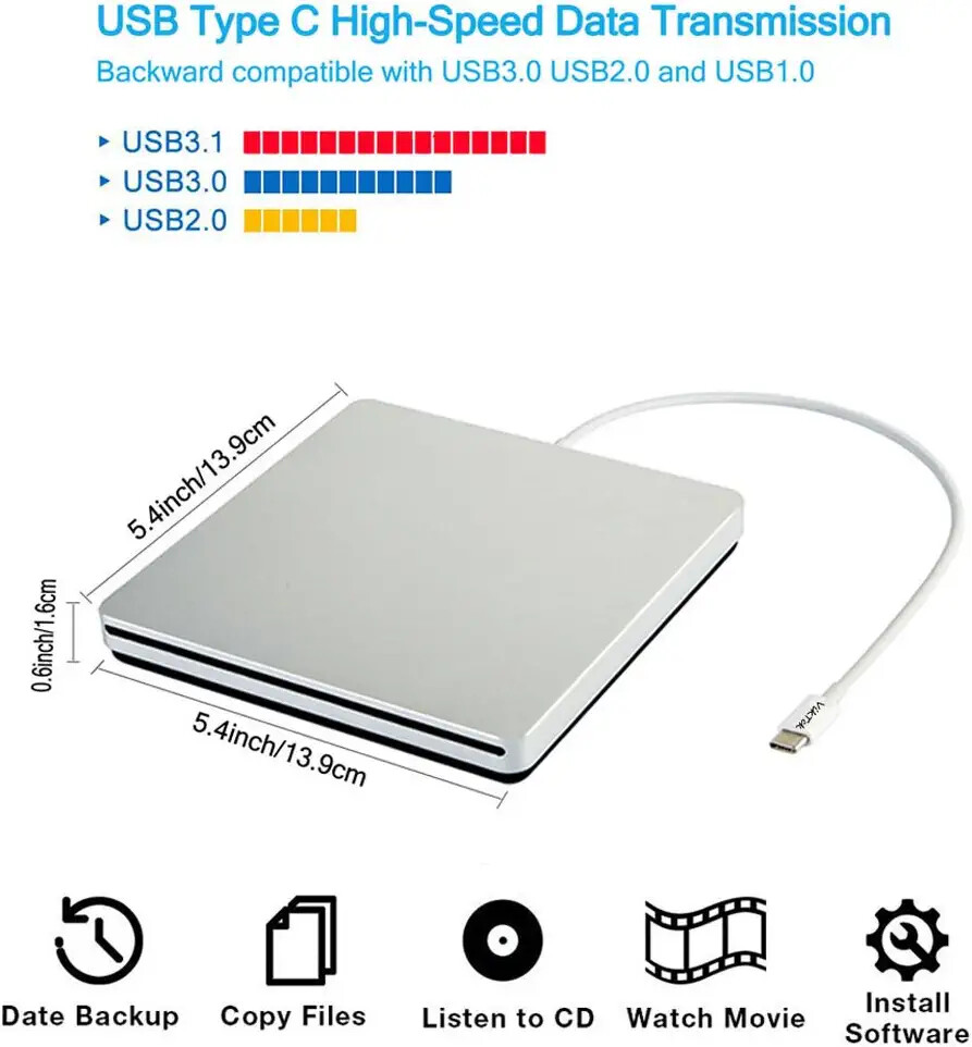 USB-C Superdrive External DVD/CD Reader Burner for Apple Macbook Air Pro Mini