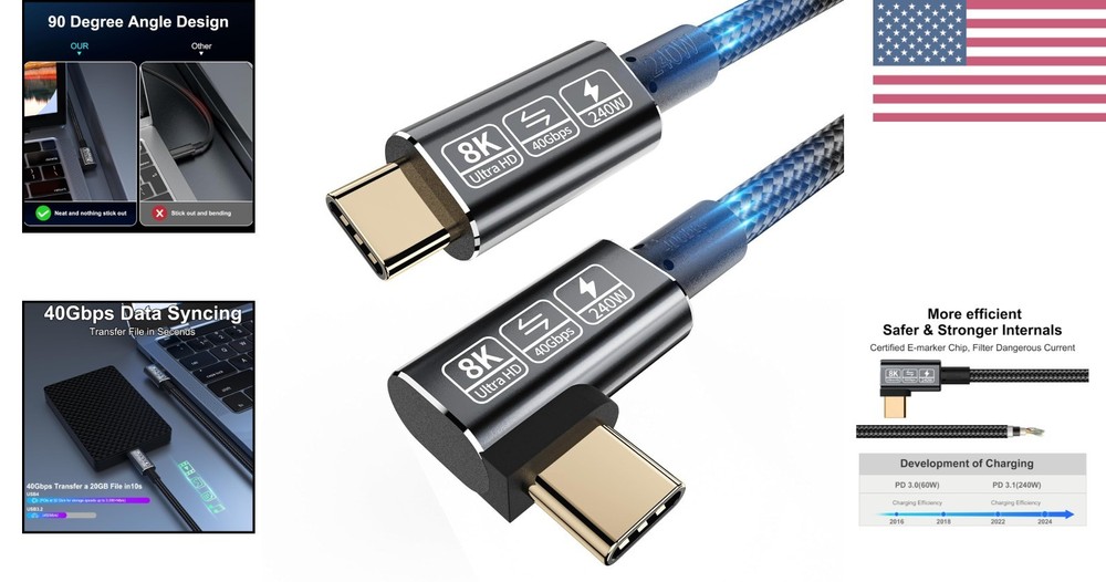 Compact 3.3FT USB C Thunderbolt Cable - 240W PD Charging & 40Gbps Transfer Speed