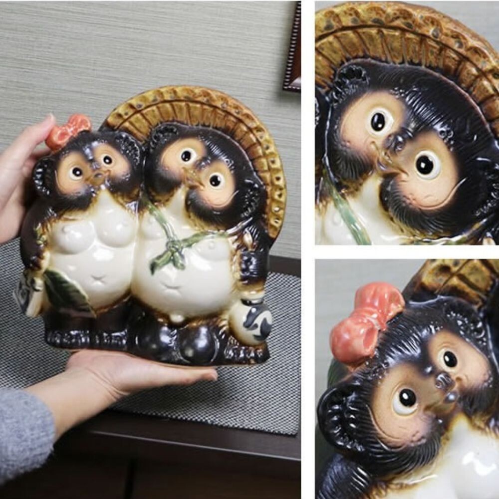Shigaraki Couple Tanuki Pottery Pair Raccoon Dog Japanese Good Luck Statue NEW