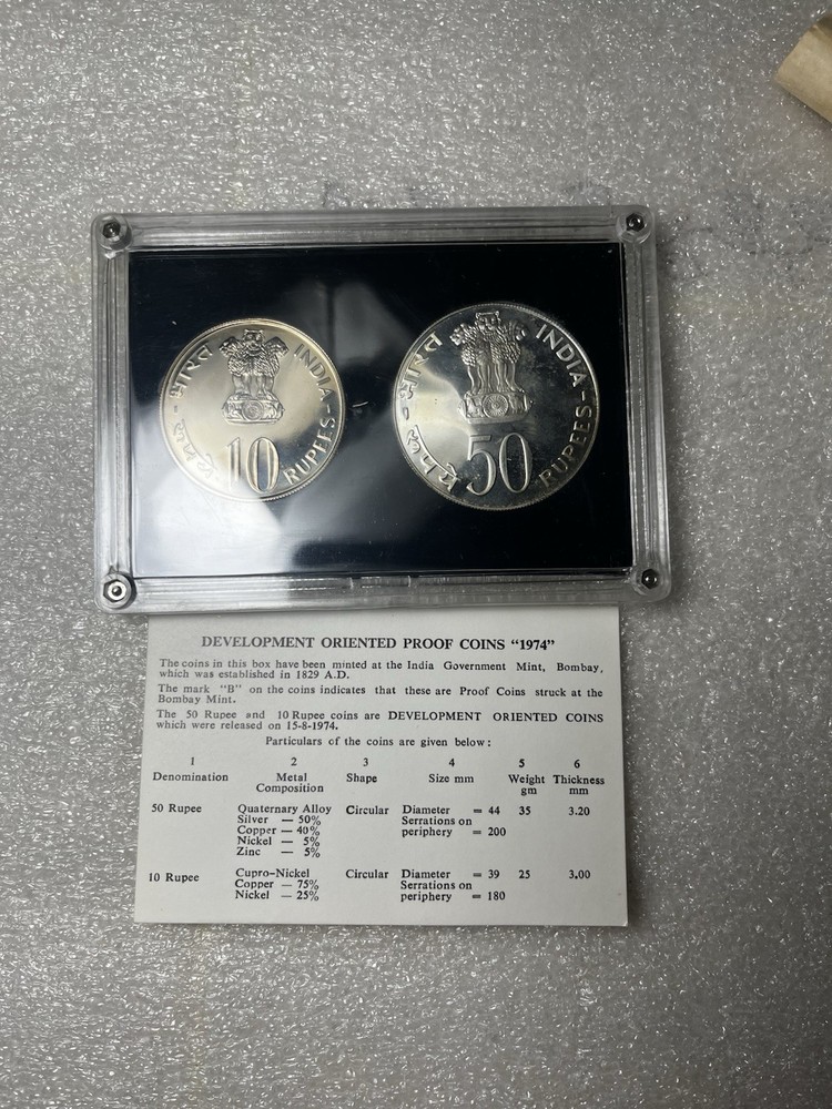 1974 India Development Oriented Proof Silver 2 Pc 50 & 10 Rupee Coins Set +Box