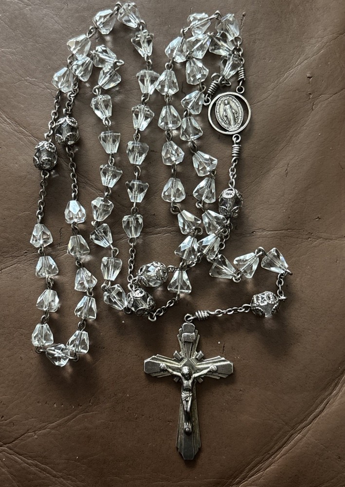 Vintage AP Sterling  Miraculous Medal Catholic Crystal & Silver Bead Rosary