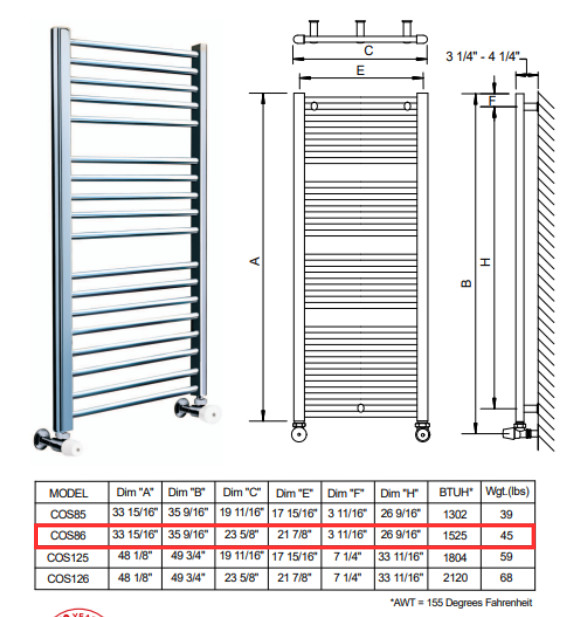 Myson COS86C Hydronic Towel Warmer, 23-5/8" W x 34" H, in STRAIGHT CHROME, New!