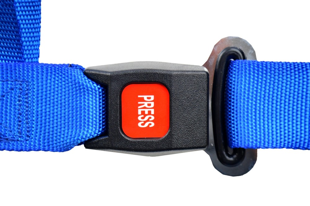 FOUR POINT SEAT BELT HARNESS, FLOOR MOUNT, PULL DOWN LAP BELTS, BOLT IN BLUE