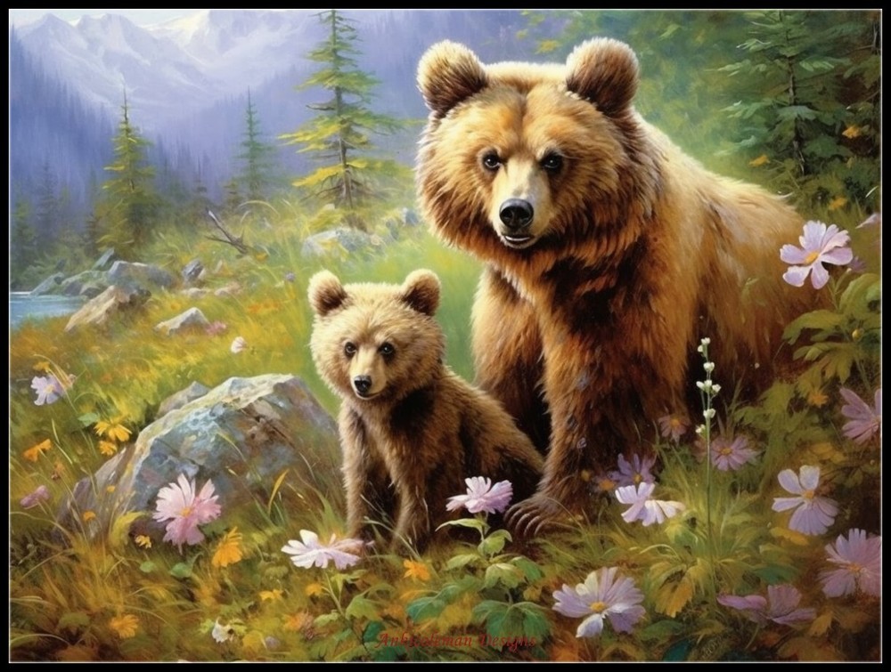 Brown Bear Mom and Cubs - DIY Chart Counted Cross Stitch Patterns Needlework DMC