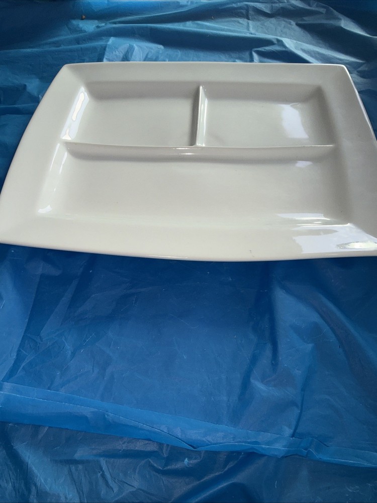 Large White Rectangular 3 Sec Platter 14” Ceramic Tray Modern Minimalist