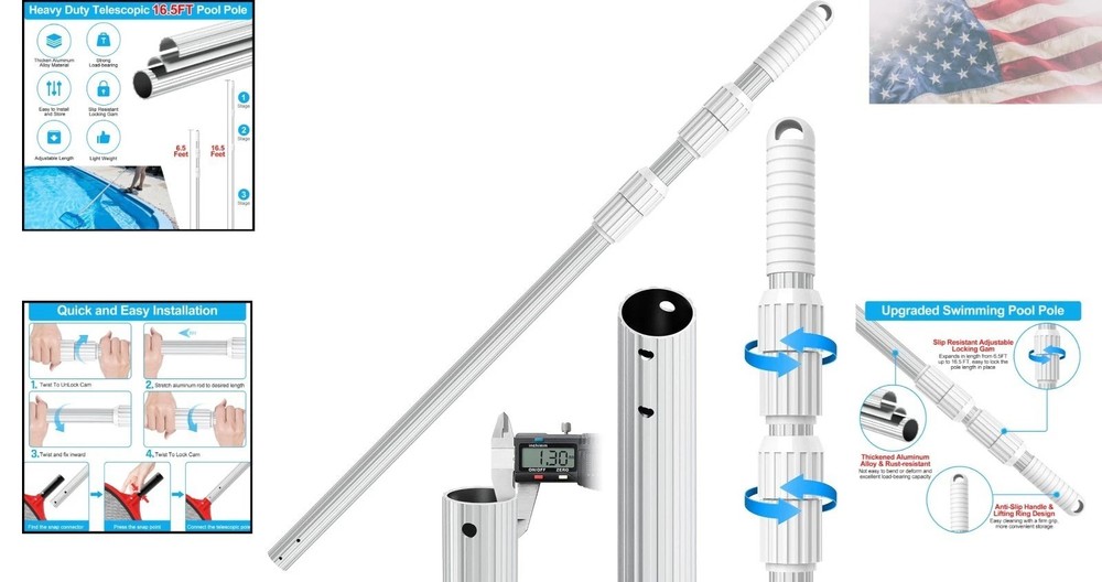 Versatile 16.5ft Telescopic Pool Pole - Fits All Accessories, Rust Resistant