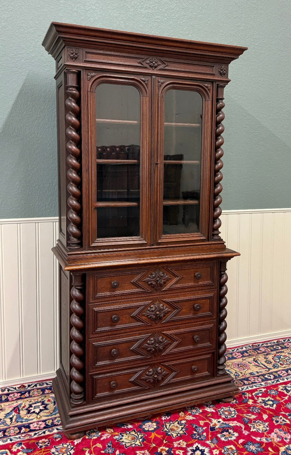 Antique French Bookcase & Chest of Drawers Display Cabinet Barley Twist Oak