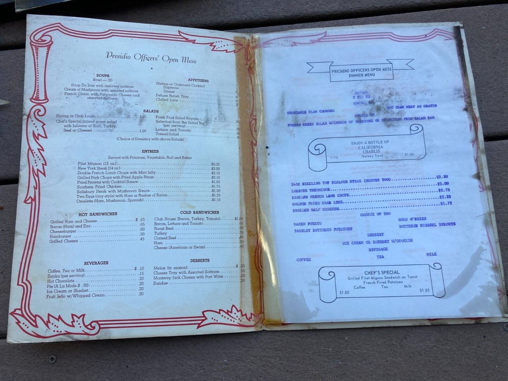 VINTAGE MENU San Francisco California PRESIDIO OFFICER'S OPEN MESS