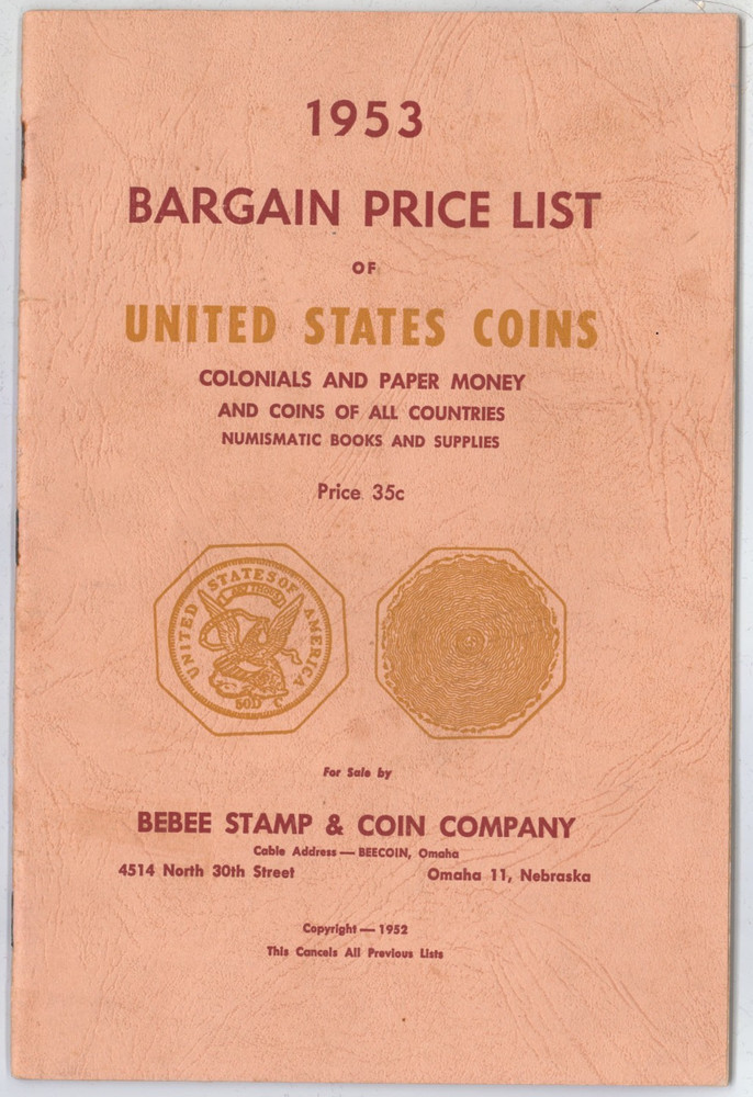 1953 Bebee Stamp & Coin Company Price List Vintage ORIGINAL Historic Prices