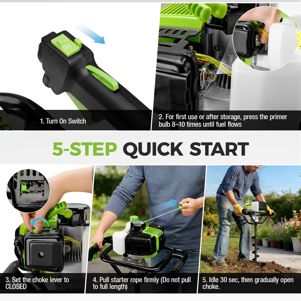 WORKPRO 62CC Gas Powered Post Hole Digger Earth Auger 2Stroke 4" 6" 8" Drill Bit