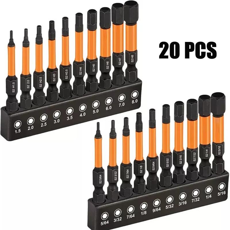 Impact Hex Head Allen Wrench Drill Bit Set Metric SAE Magnetic Tips Tool-20pcs
