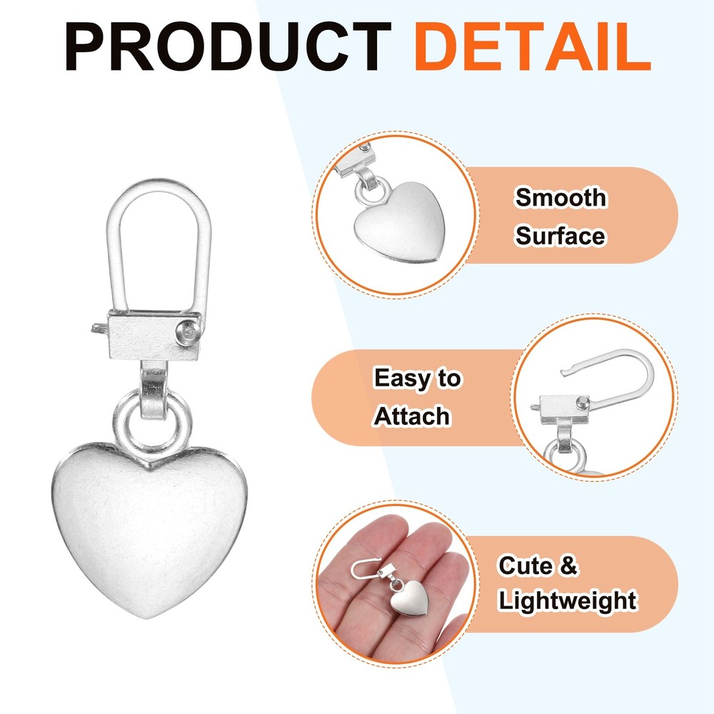 Zipper Pull Charm 5 Pcs Heart Shape Zipper Pull Replacement, Silver Tone