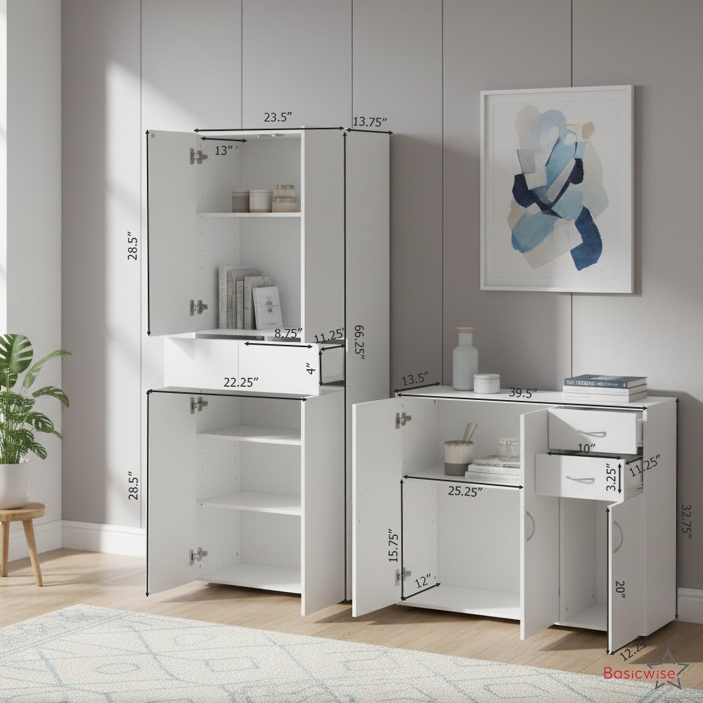 Basicwise Set of Buffet Table with Drawers Plus Cabinet with Compartments, White