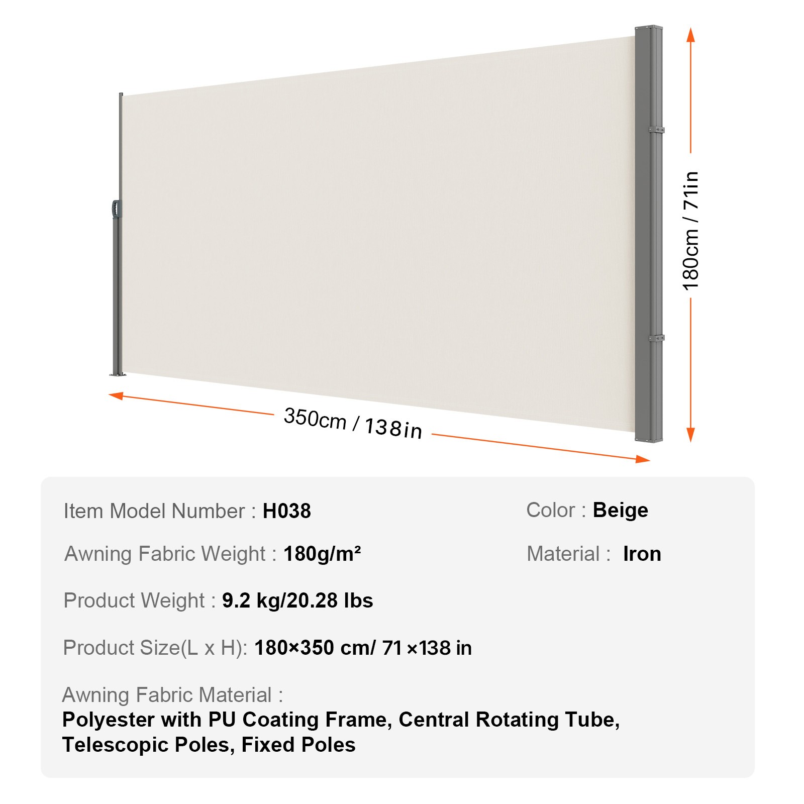 VEVOR Retractable Side Awning 71''x 138'' Patio Screen Fence Divider Fencing