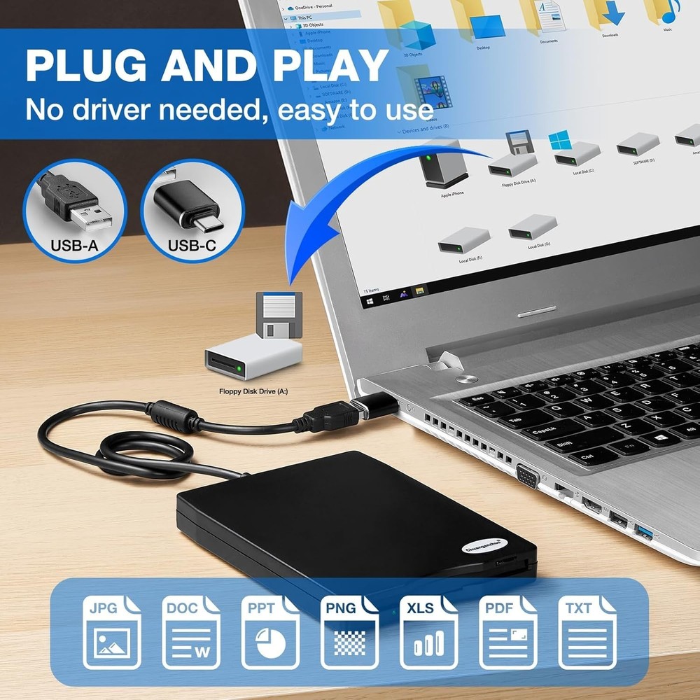 Floppy Disk Reader, 3.5 inch 1.44mb External USB Type A/C Floppy Disk Drive f...