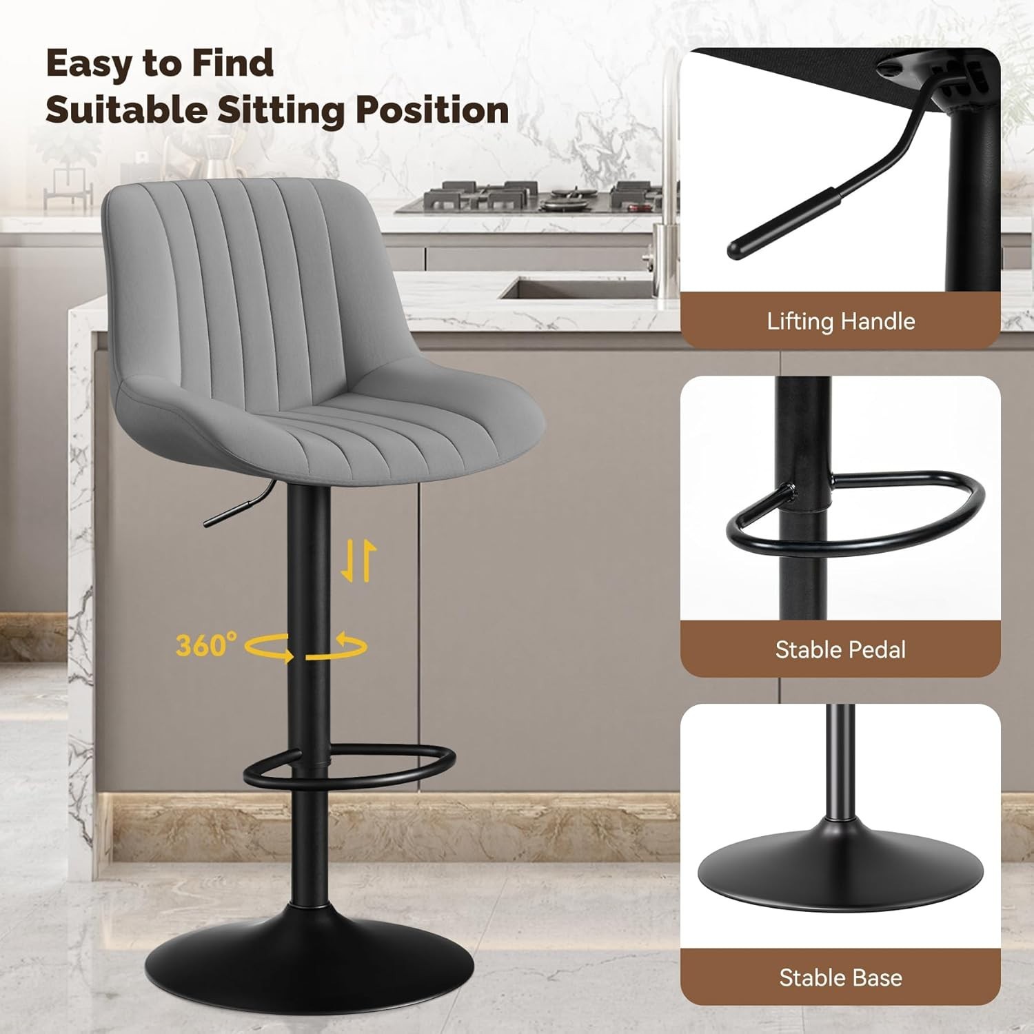 Set of 2 Adjustable Swivel Bar Stools with Backs Counter Height Dark Grey