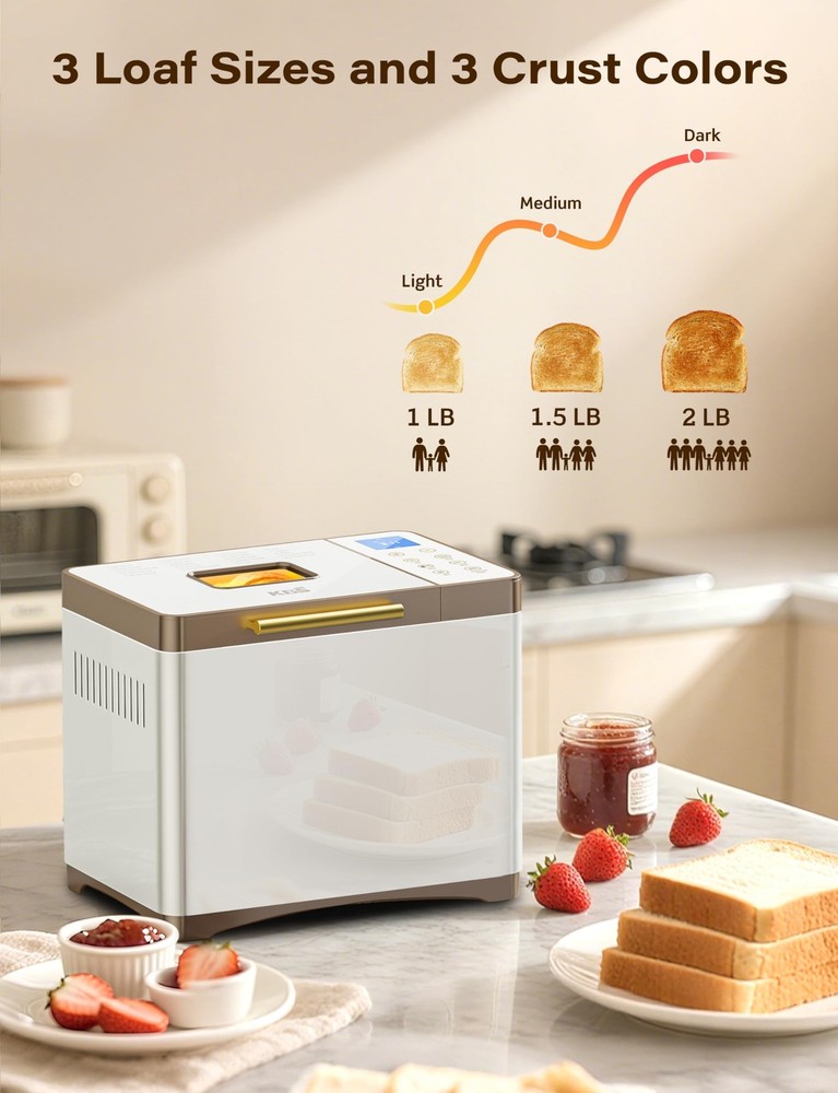20-IN-1 Bread Maker with Custom Program, 650W Bread Machine with Nonstick Cer...