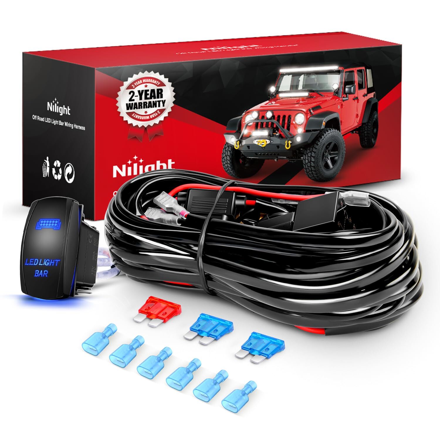 Nilight 16AWG LED Light Bar Wiring Harness Kit 12V On/Off Rocker Switch Panel