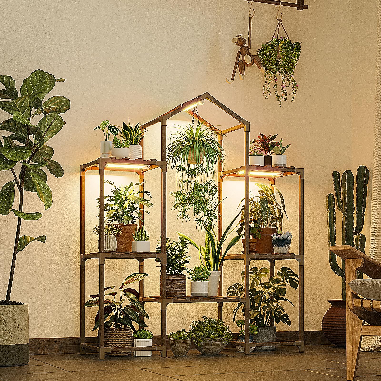 Indoor Plant Stand with Grow Lights Wooden Shelf for Hanging Flower Pots