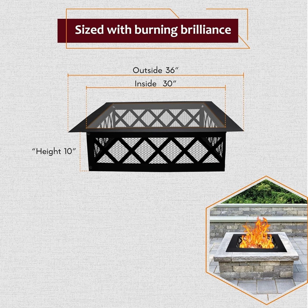 FEBTECH 36 Inch Portable Fire Pit Ring Square with Crossweave Design