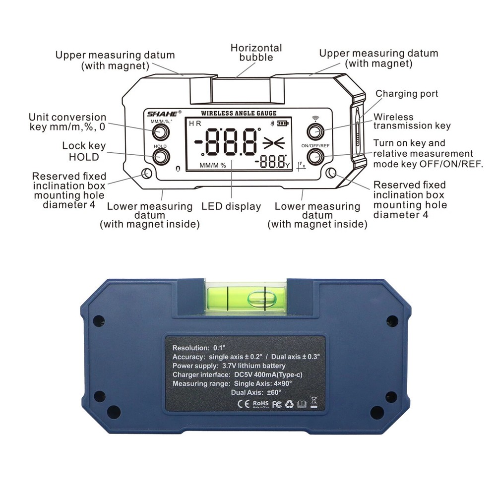 Dual Axis High Precision Level Gauge Digital Angle Meter With Wireless Optional