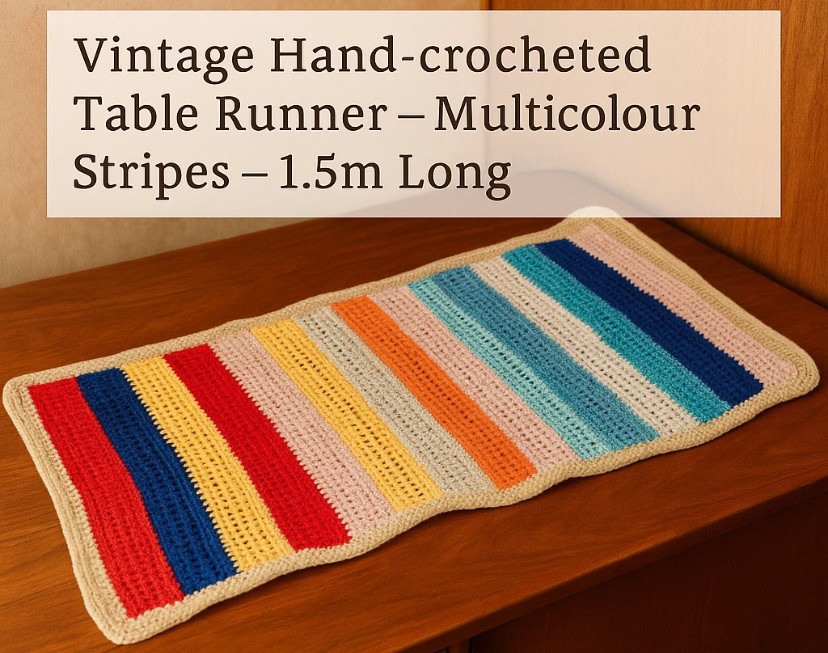 🌈 RETRO Boho - Hand-Crocheted Multicolour / Rainbow Striped Table Runner