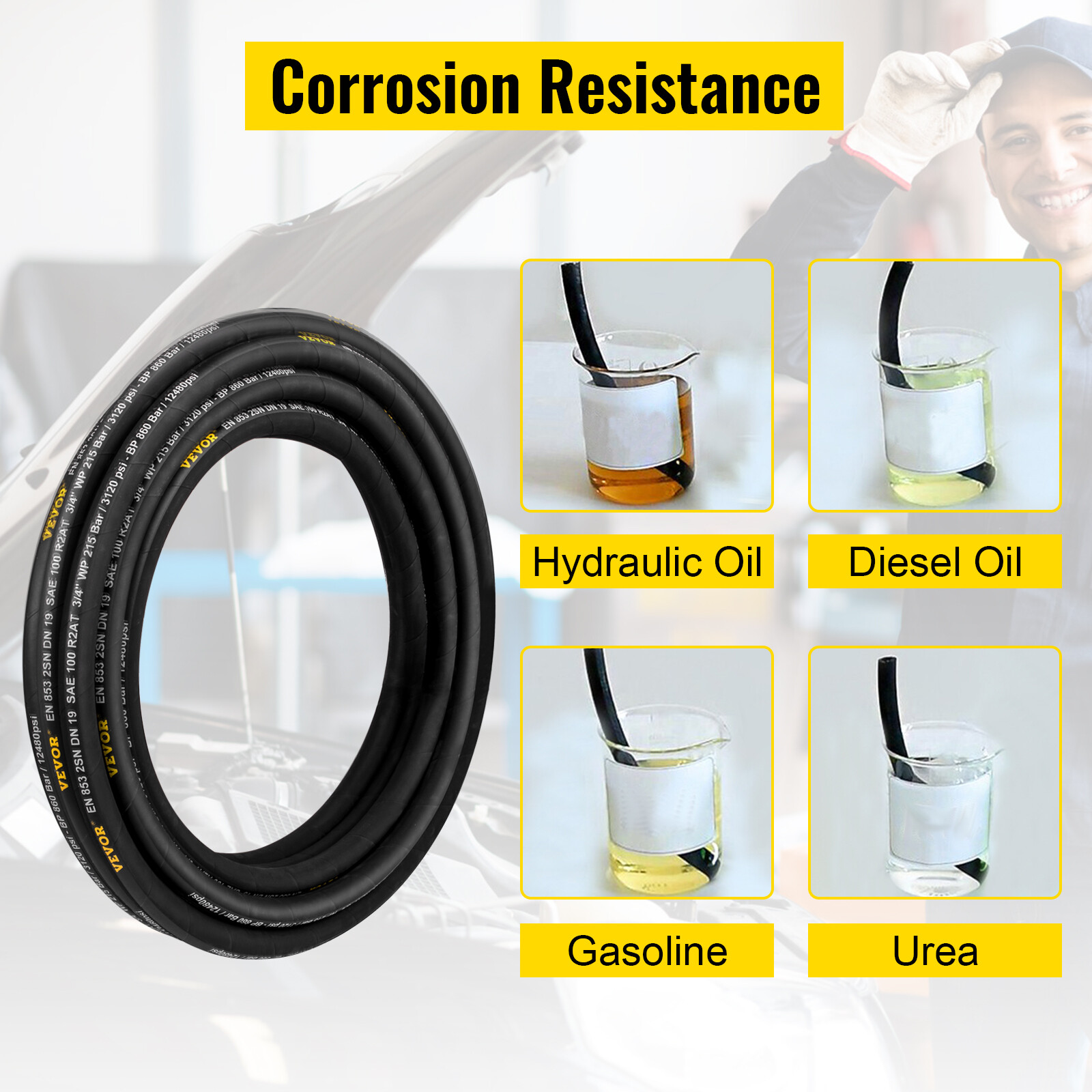 VEVOR 1/4" Hydraulic Hose 100ft SAE Coiled Hydraulic Hose W.P. PSI 5800 R2 Steel