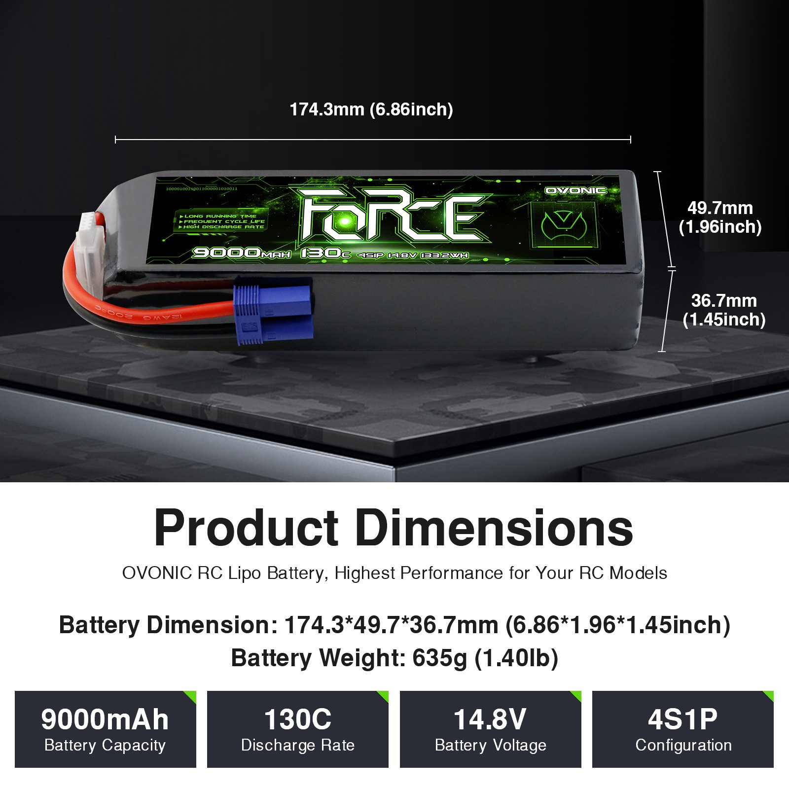 2X Ovonic Force 9000mAh 130C 14.8V 4S LiPo Battery EC5 Plug For 1/8 RC Car Truck