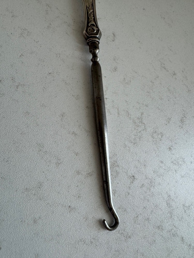 Antique Webster Sterling Silver Handle Button Hook Floral & Scrolling Decoration