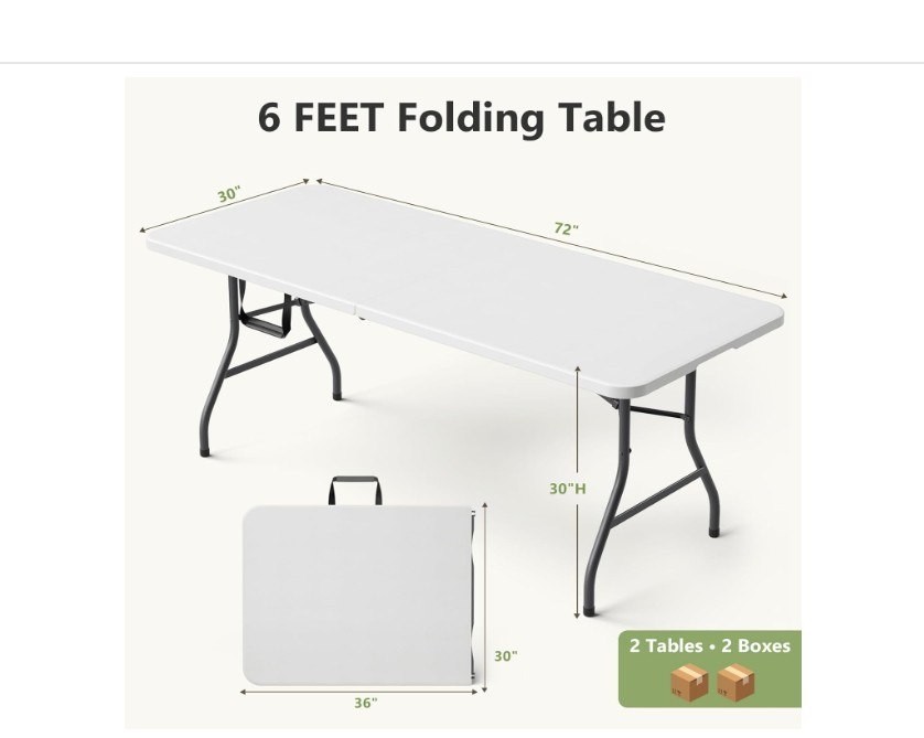 Folding Table 2 Pack, 6 FT Foldable Plastic Table with Carrying Handle, Heavy,,