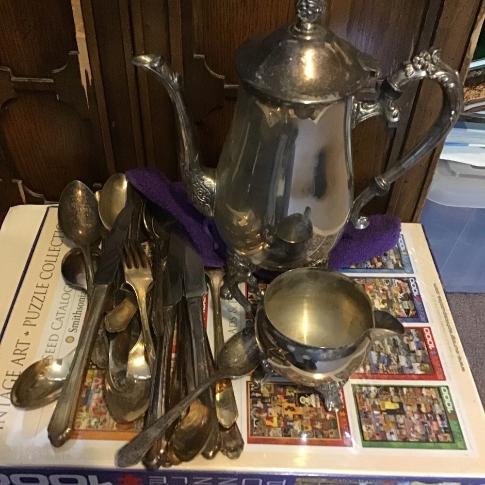 Silverplate Victorian Style Teapot, Creamer & Flatware Set  Lot