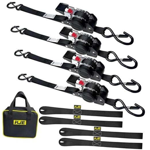 Retractable Ratchet Straps, (4) 1" x 10' Tie Down Strap + (4) Soft Loop -