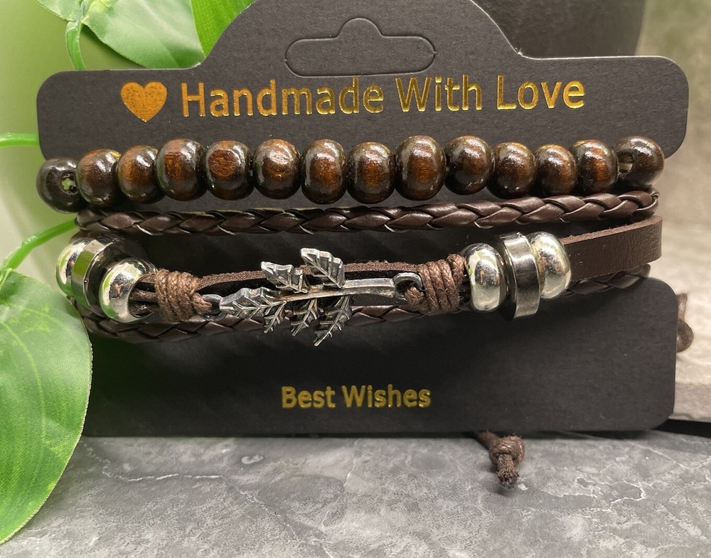 2 PC Wood Bead PU Leather Bracelet Stackable Adjustable Tie New B3408