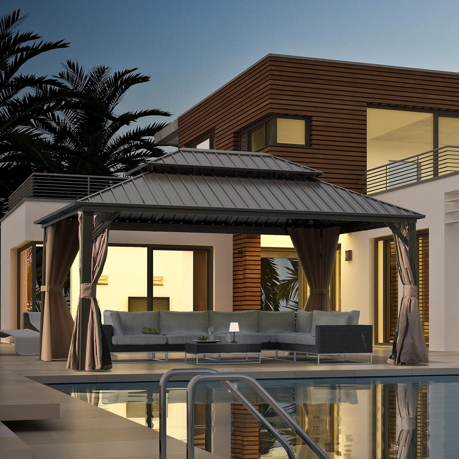 Domi 12’ x 16’ Hardtop Gazebo Outdoor Aluminum Gazebo w/Netting & Curtains,Brown