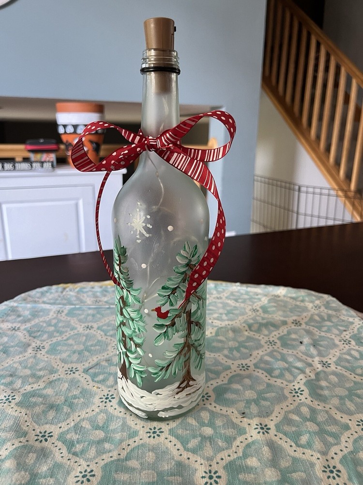 Winter Scene Handpainted On A Lighted Wine Bottle
