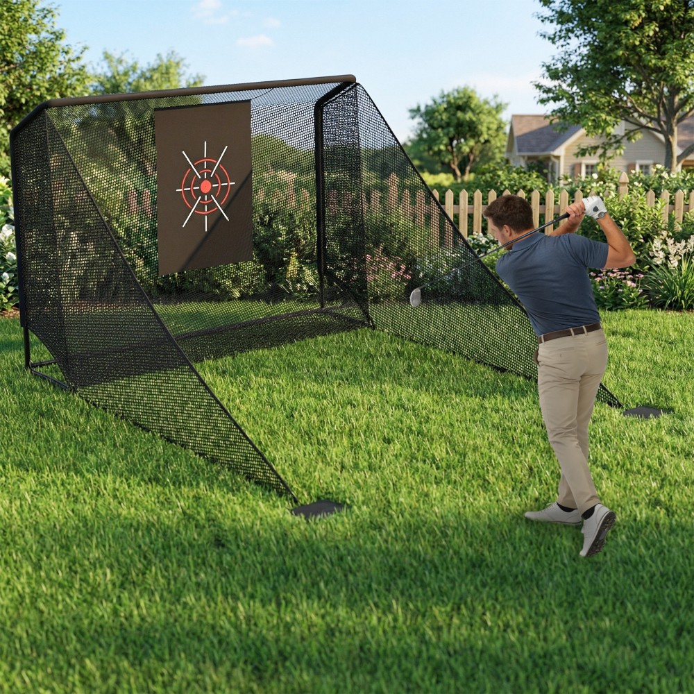 Golf Practice Net 10x7ft, Auto Ball Return Enclosure with Side Barriers Black